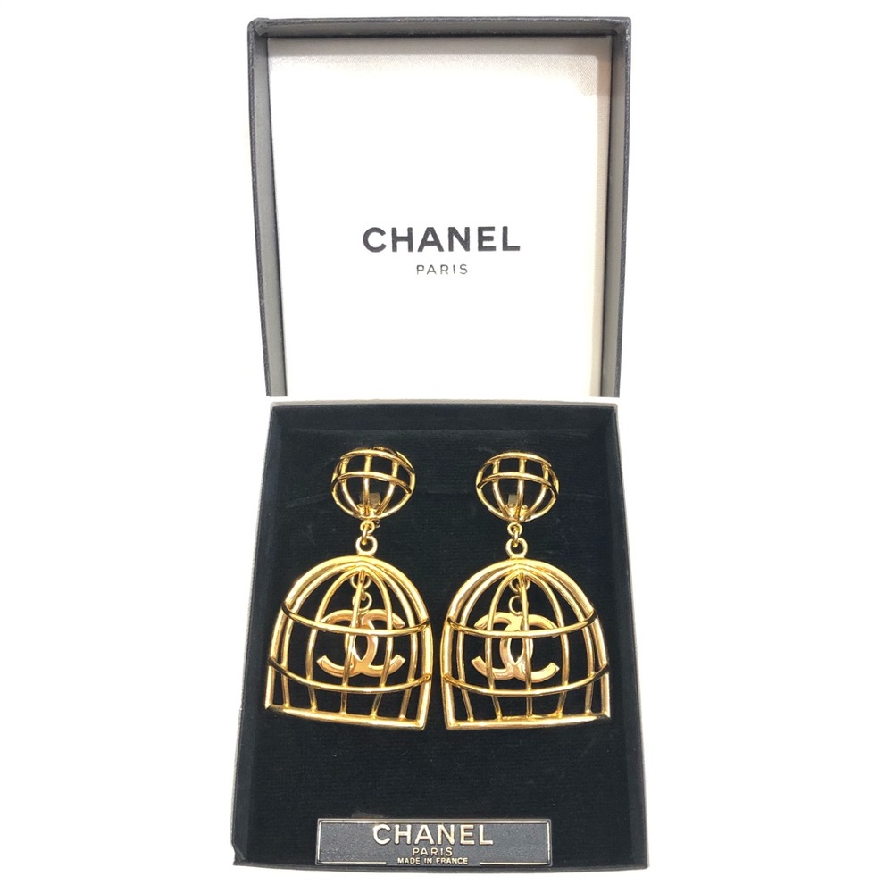 CHANEL Birdcage CC Logo Vintage Gold-Tone Earrings - Picture 5 of 8